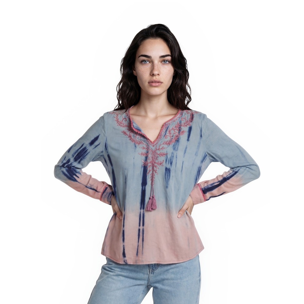 Soft Surroundings Top Women's Size Small Blue Pink Tie Dye Embroidered Tunic